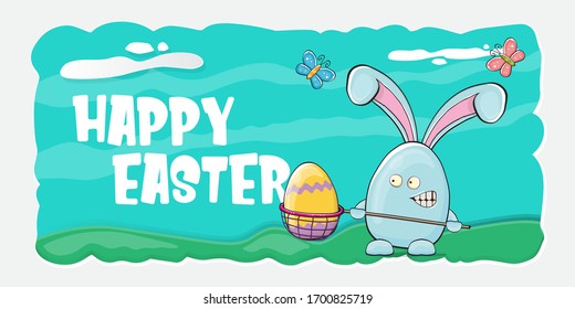 Happy easter greeting card with funny cartoon blue easter bunny character holding butterfly net with colorful egg. Vector Easter egg hunt hand drawn concept horizontal banner.
