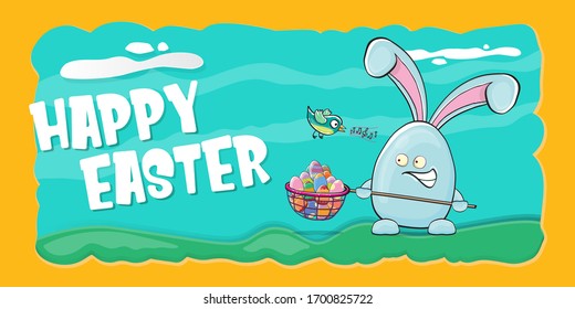 Happy easter greeting card with funny cartoon blue easter bunny character holding butterfly net with colorful egg. Vector Easter egg hunt hand drawn concept horizontal banner.
