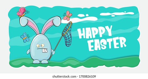 Happy easter greeting card with funny cartoon blue easter bunny character holding butterfly net . Vector Easter egg hunt hand drawn concept horizontal banner.