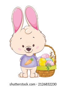Frohe Ostern-Grußkarte. Hübsches ZeichentrickKaninchen, das in der Nähe eines Korbs mit farbigen Eiern steht