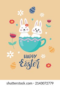 Happy Easter greeting card with funny rabbits, eggs and flowers in cute cartoon style. Hand written lettering. Stylish holiday background.