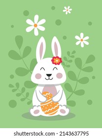 Happy Easter greeting card with funny rabbit, egg and flowers in 
cute cartoon style. Stylish holiday background.