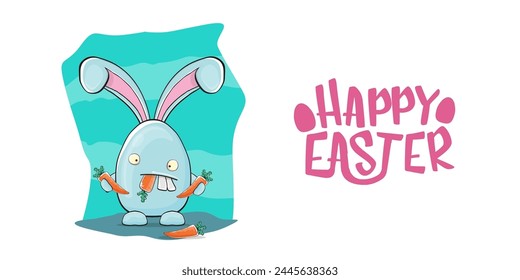 Happy easter greeting card with funny cartoon smiling blue bunny isolated on white. Easter hand drawn banner or poster with funky rabbit.