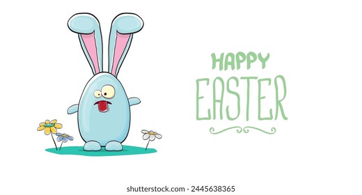Happy easter greeting card with funny cartoon smiling blue bunny isolated on white. Easter hand drawn banner or poster with funky rabbit.