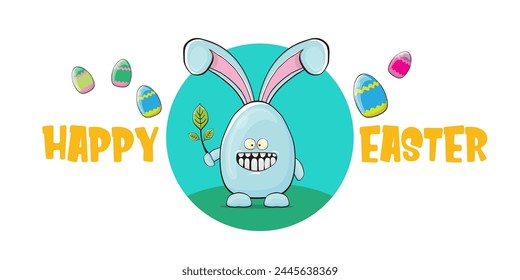 Happy easter greeting card with funny cartoon smiling blue bunny isolated on white. Easter hand drawn banner or poster with funky rabbit.