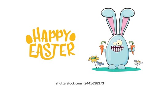 Happy easter greeting card with funny cartoon smiling blue bunny isolated on white. Easter hand drawn banner or poster with funky rabbit.