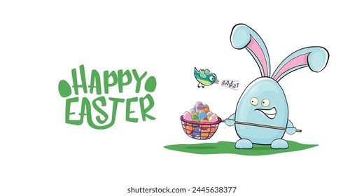 Happy easter greeting card with funny cartoon smiling blue bunny isolated on white. Easter hand drawn banner or poster with funky rabbit.