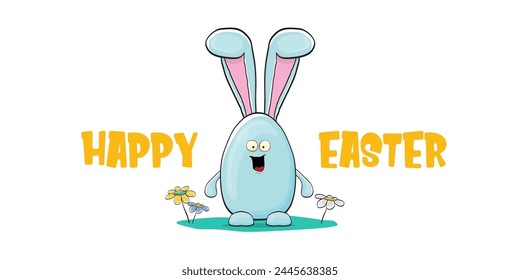 Happy easter greeting card with funny cartoon smiling blue bunny isolated on white. Easter hand drawn banner or poster with funky rabbit.