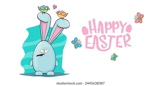 Glückliche Ostern Grußkarte mit lustigen Cartoon lächelnden blauen Hase isoliert auf weiß. Osterhandgezeichneter Banner oder Poster mit funkigem Kaninchen.