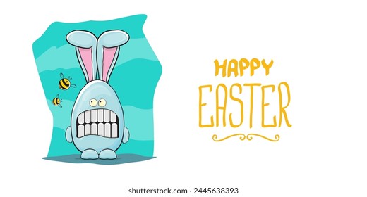 Happy easter greeting card with funny cartoon smiling blue bunny isolated on white. Easter hand drawn banner or poster with funky rabbit.