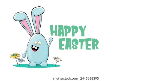Glückliche Ostern Grußkarte mit lustigen Cartoon lächelnden blauen Hase isoliert auf weiß. Osterhandgezeichneter Banner oder Poster mit funkigem Kaninchen.