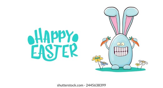 Happy easter greeting card with funny cartoon smiling blue bunny isolated on white. Easter hand drawn banner or poster with funky rabbit.
