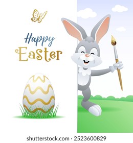 Happy Easter greeting card. Funny rabbit artist with Easter egg and paint brush. Vector illustration.