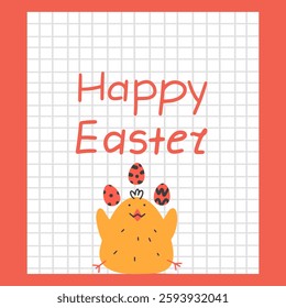 Happy Easter greeting card with funny chick, eggs and handwritten text. Vector illustration 