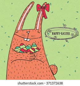 Happy Easter greeting card with funny Easter rabbit and Easter eggs. Vector illustration