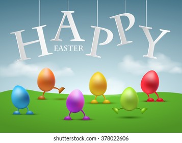 Happy Easter Greeting Card with Funny egg with legs vector illustration