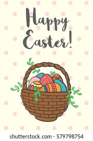 Happy Easter greeting card with funny bunny, eggs and flowers. Vector illustration.