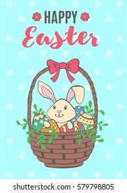 Happy Easter greeting card with funny bunny, eggs and flowers. Vector illustration.