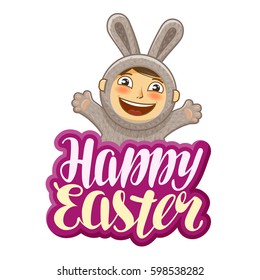 Happy Easter, greeting card. Funny rabbit, holiday label. Lettering, calligraphy vector illustration