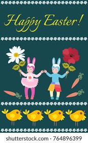 Happy Easter greeting card with funny little girl and boy in a bunny costumes,  chickens, flowers and carrots. Spring vector design.