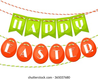 Happy Easter greeting card with garland of flags and eggs. Concept can be used for holiday invitations, posters.