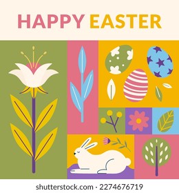 Happy easter greeting card with a geometric pattern in a minimalist style. Rabbit, eggs, plants and flowers spring concept. Perfect for a social media post, poster, cover or postcard