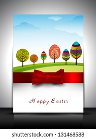 Happy Easter greeting card or gift card with colorful trees in egg shape and red ribbon.