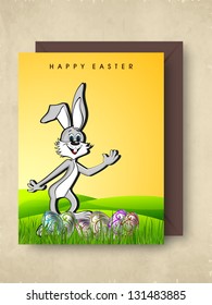 Happy Easter greeting card or gift card with smiling bunny.