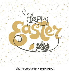 Happy Easter greeting card. Gift eggs and chicken.
