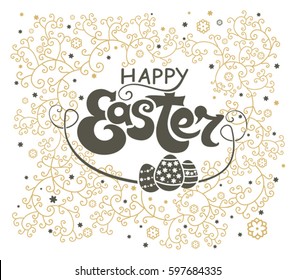 Happy Easter greeting card. Gift eggs on the background of the winding flora.