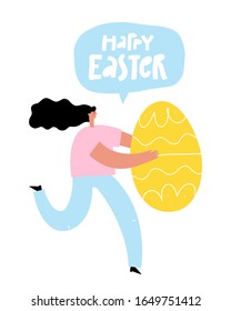 Happy Easter greeting card. Girl holds an Easter egg isolated on white background. 