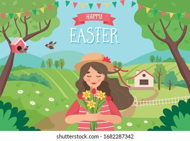 Happy Easter greeting card, girl holding flowers, with spring landscape. Vector illustration in flat style