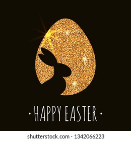 Happy Easter greeting card with glitter egg. Vector illustration. Glitter egg with rabbit silhouette. Gold shine