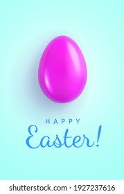 Happy Easter. Greeting Card with Glossy Pink Easter Egg closeup and Blue Greeting Text. Isolation on a light blue background. Top view. Vector illustration