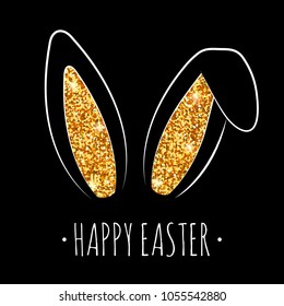 Happy Easter greeting card with gold cute bunny ears. Vector illustration. Glitter rabbit ears with gold shine