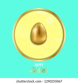 Happy Easter greeting card with gold egg and doodles. Luxury golden holliday postcard.