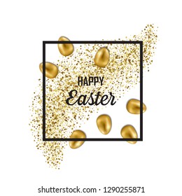 Happy Easter greeting card with gold eggs and glitter. Luxury golden holliday postcard.