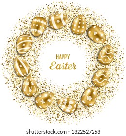 Happy Easter Greeting Card with Gold Eggs and Glitter