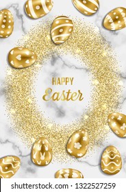 Happy Easter Greeting Card with Gold Eggs and Glitter