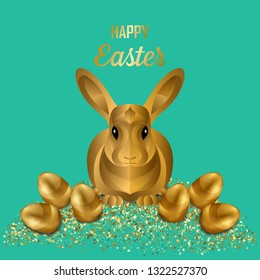 Happy Easter Greeting Card with Gold Eggs and Rabbit