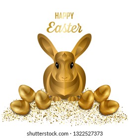 Happy Easter Greeting Card with Gold Eggs and Rabbit