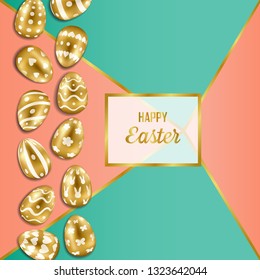 Happy Easter greeting card with gold eggs on coral and green background. Luxury golden holliday postcard, template with text place.