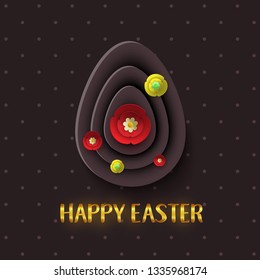 Happy Easter greeting card with a gold lettering. Layered Eggs Hunt. Paper cut flowers. Luxury holiday symbol for e-mail newsletter, sale banners, voucher, add. Polca dot backdrop. Vector Illustration