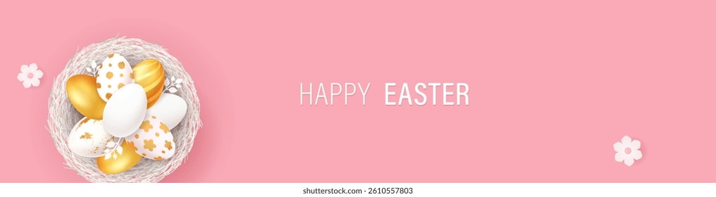 Happy Easter greeting card with gold and white painted eggs in basket.