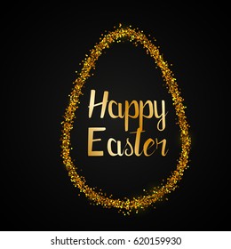 Happy Easter greeting card with gold glitter egg. Vector illustration