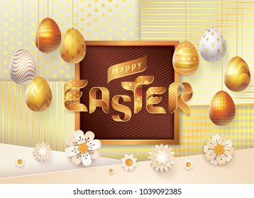 Happy Easter Greeting Card, Golden Easter Eggs Hanging and white flowers, Gold Ribbon Easter Alphabet Letters on Frame border, Abstract Geometric Gold Background, Paper art vector illustration