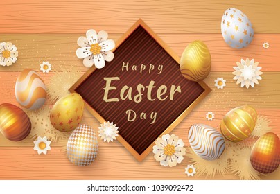 Happy Easter Greeting Card, Golden Easter Eggs and white flowers, Gold Frame border on Wood Background, Paper art vector illustration
