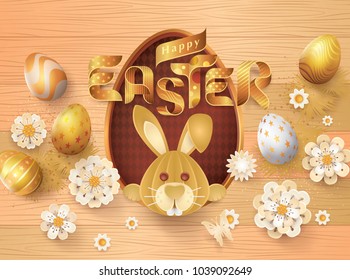 Happy Easter Greeting Card, Golden Easter Eggs and white flowers on Wood Background, Funny Rabbit Leaning out of Gold Frame border, Gold Ribbon Easter Alphabet Letters, Paper art vector illustration.