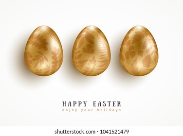 Happy Easter greeting card, golden eggs set with floral pattern, leaves imprint. Vector illustration