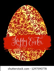 Happy Easter greeting card. Golden egg symbol and hand drawn lettering vector spring illustration isolated over black.